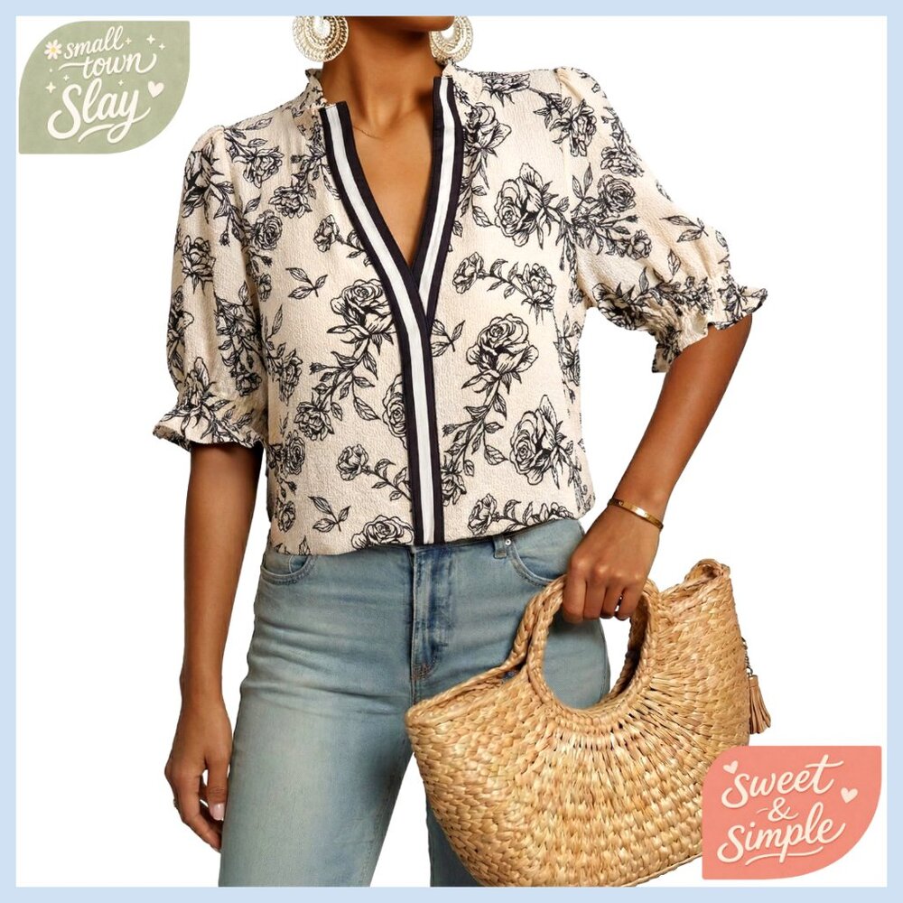 Summer Boho Floral Ruffle Blouse Puff Short Sleeve V Neck Casual Top